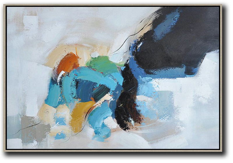 Large Wall Canvas Paintings,Oversized Horizontal Contemporary Art,Modern Paintings,White,Black,Grey,Blue,Yellow.etc